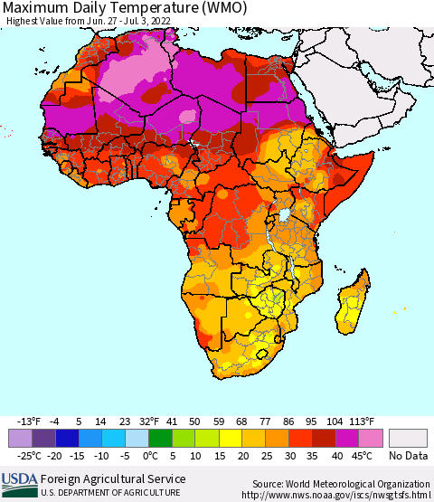 Africa Maximum Daily Temperature (WMO) Thematic Map For 6/27/2022 - 7/3/2022