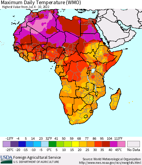 Africa Maximum Daily Temperature (WMO) Thematic Map For 7/4/2022 - 7/10/2022