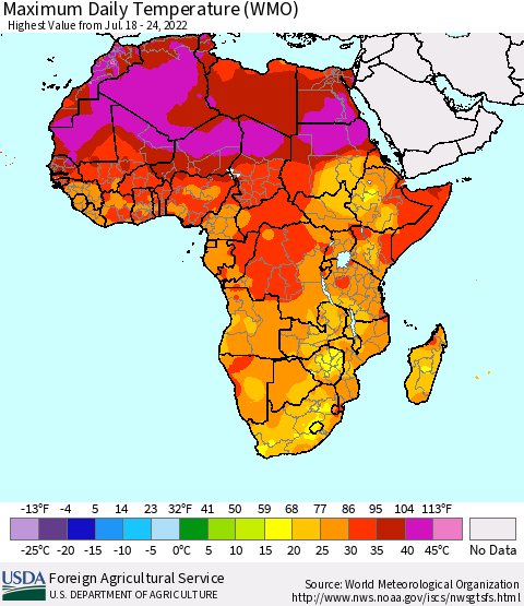 Africa Maximum Daily Temperature (WMO) Thematic Map For 7/18/2022 - 7/24/2022