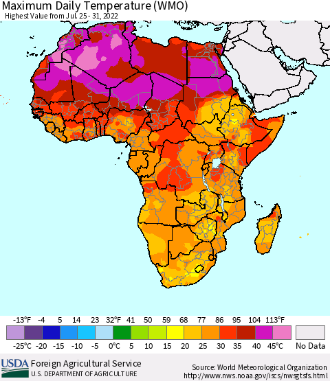 Africa Maximum Daily Temperature (WMO) Thematic Map For 7/25/2022 - 7/31/2022