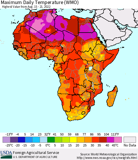 Africa Maximum Daily Temperature (WMO) Thematic Map For 8/15/2022 - 8/21/2022