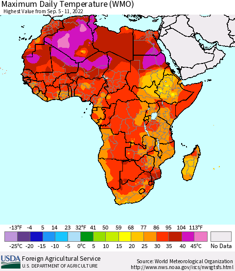 Africa Maximum Daily Temperature (WMO) Thematic Map For 9/5/2022 - 9/11/2022