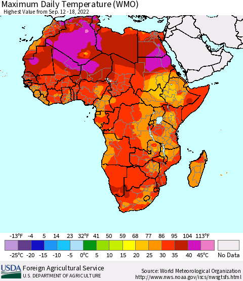 Africa Maximum Daily Temperature (WMO) Thematic Map For 9/12/2022 - 9/18/2022