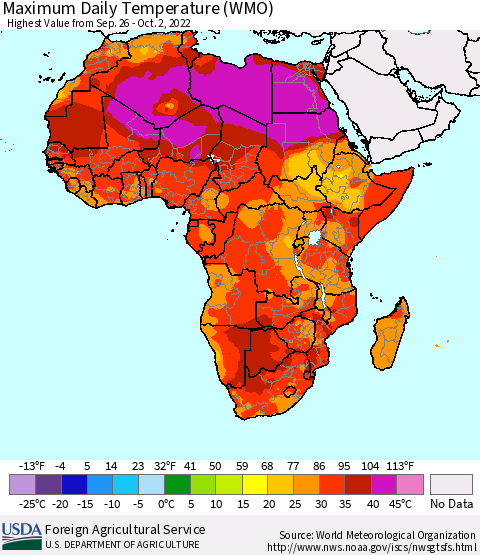 Africa Maximum Daily Temperature (WMO) Thematic Map For 9/26/2022 - 10/2/2022