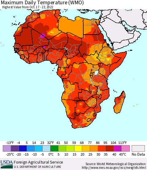 Africa Maximum Daily Temperature (WMO) Thematic Map For 10/17/2022 - 10/23/2022