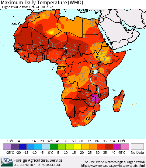 Africa Maximum Daily Temperature (WMO) Thematic Map For 10/24/2022 - 10/30/2022