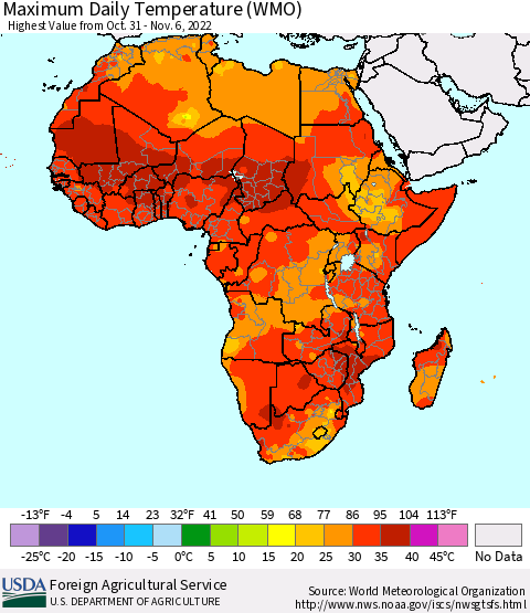 Africa Maximum Daily Temperature (WMO) Thematic Map For 10/31/2022 - 11/6/2022