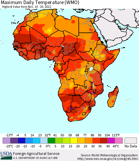 Africa Maximum Daily Temperature (WMO) Thematic Map For 11/14/2022 - 11/20/2022