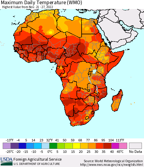 Africa Maximum Daily Temperature (WMO) Thematic Map For 11/21/2022 - 11/27/2022