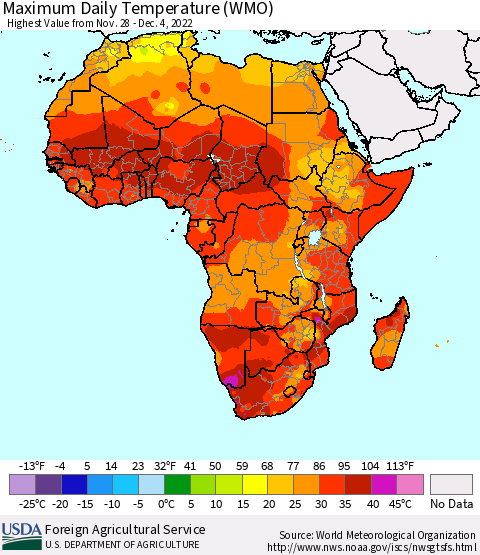 Africa Maximum Daily Temperature (WMO) Thematic Map For 11/28/2022 - 12/4/2022