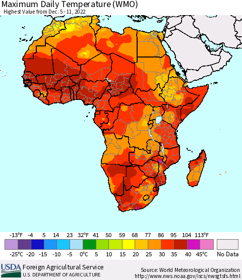 Africa Maximum Daily Temperature (WMO) Thematic Map For 12/5/2022 - 12/11/2022