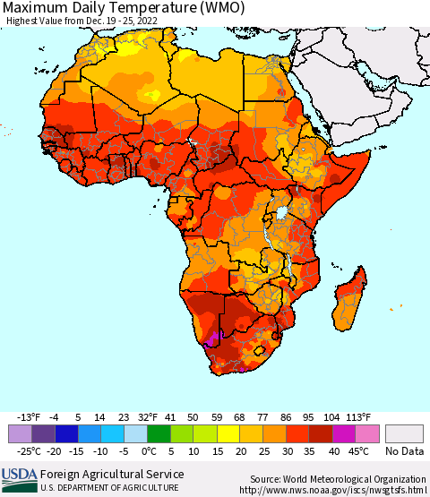 Africa Maximum Daily Temperature (WMO) Thematic Map For 12/19/2022 - 12/25/2022