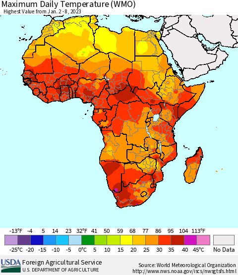 Africa Maximum Daily Temperature (WMO) Thematic Map For 1/2/2023 - 1/8/2023