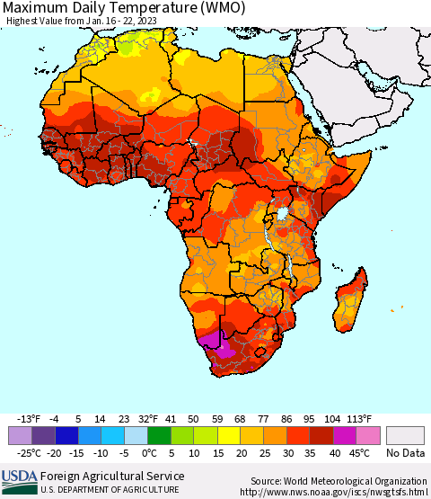 Africa Maximum Daily Temperature (WMO) Thematic Map For 1/16/2023 - 1/22/2023
