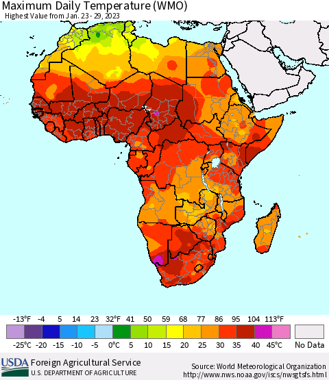 Africa Maximum Daily Temperature (WMO) Thematic Map For 1/23/2023 - 1/29/2023