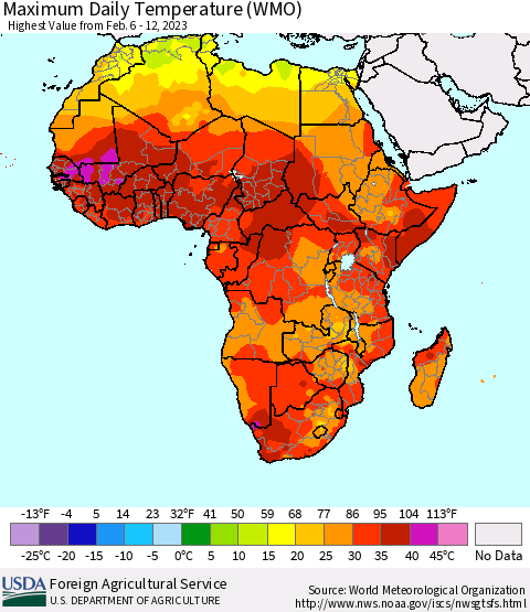 Africa Maximum Daily Temperature (WMO) Thematic Map For 2/6/2023 - 2/12/2023