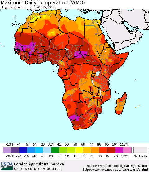 Africa Maximum Daily Temperature (WMO) Thematic Map For 2/20/2023 - 2/26/2023