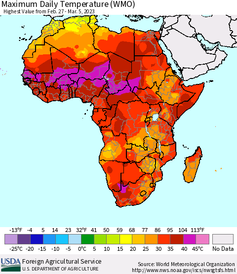 Africa Maximum Daily Temperature (WMO) Thematic Map For 2/27/2023 - 3/5/2023