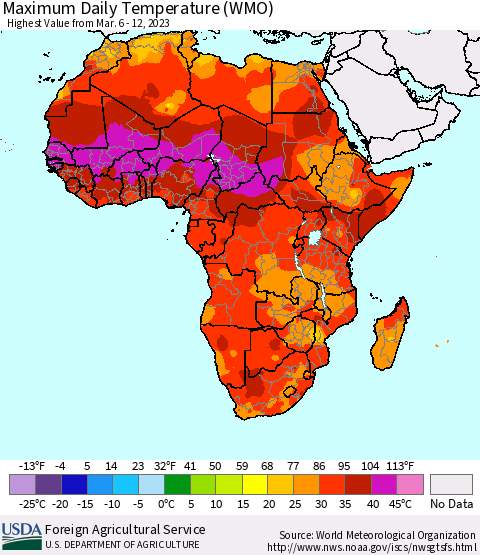 Africa Maximum Daily Temperature (WMO) Thematic Map For 3/6/2023 - 3/12/2023