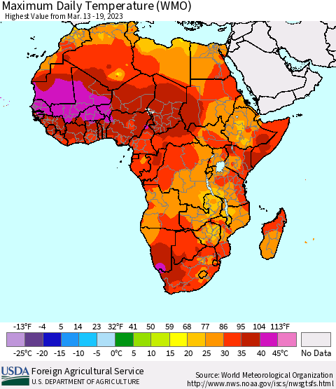 Africa Maximum Daily Temperature (WMO) Thematic Map For 3/13/2023 - 3/19/2023