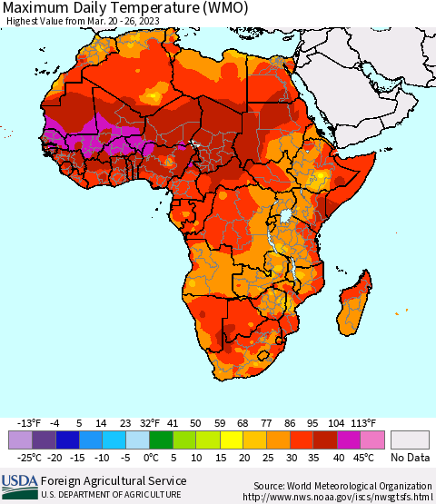 Africa Maximum Daily Temperature (WMO) Thematic Map For 3/20/2023 - 3/26/2023