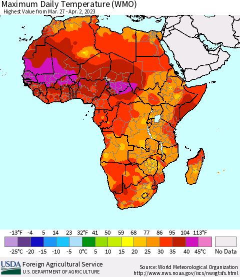 Africa Maximum Daily Temperature (WMO) Thematic Map For 3/27/2023 - 4/2/2023