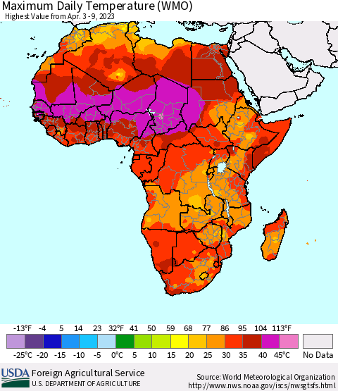Africa Maximum Daily Temperature (WMO) Thematic Map For 4/3/2023 - 4/9/2023
