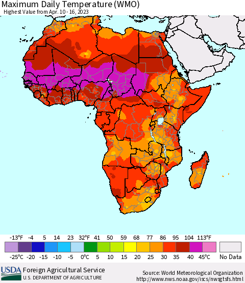 Africa Maximum Daily Temperature (WMO) Thematic Map For 4/10/2023 - 4/16/2023