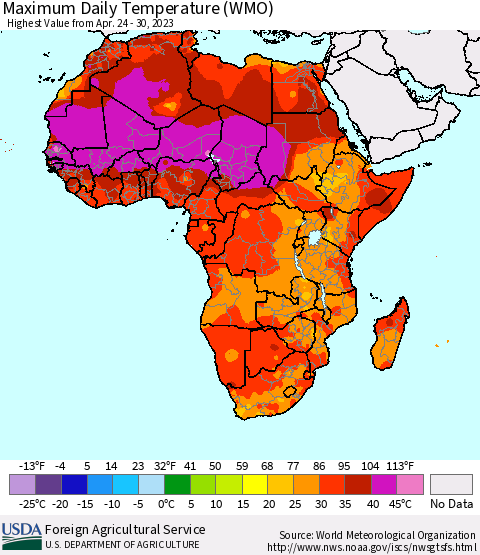 Africa Maximum Daily Temperature (WMO) Thematic Map For 4/24/2023 - 4/30/2023