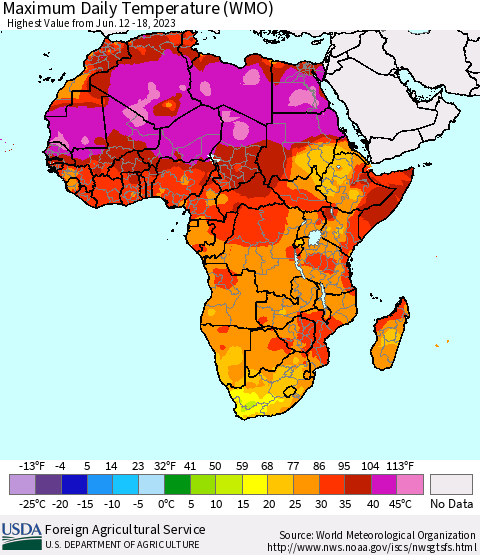Africa Maximum Daily Temperature (WMO) Thematic Map For 6/12/2023 - 6/18/2023