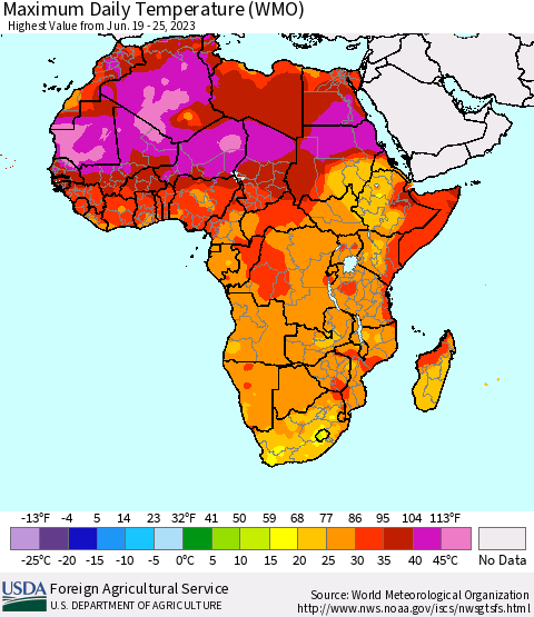 Africa Maximum Daily Temperature (WMO) Thematic Map For 6/19/2023 - 6/25/2023