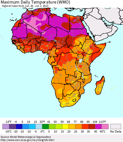Africa Maximum Daily Temperature (WMO) Thematic Map For 6/26/2023 - 7/2/2023