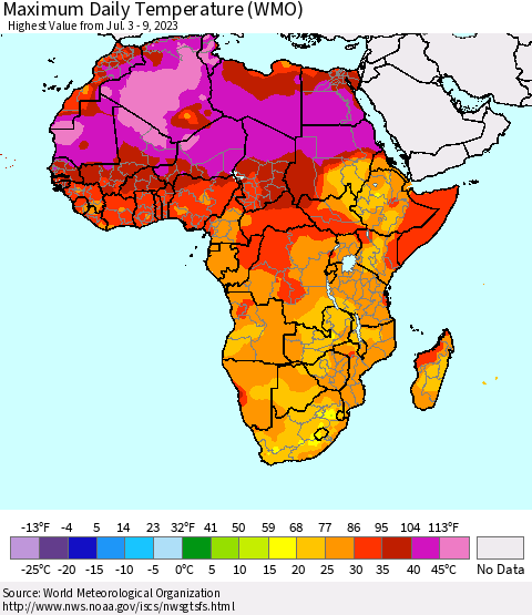 Africa Maximum Daily Temperature (WMO) Thematic Map For 7/3/2023 - 7/9/2023