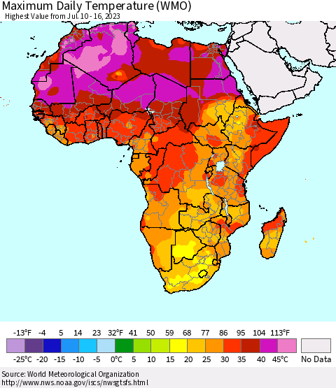 Africa Maximum Daily Temperature (WMO) Thematic Map For 7/10/2023 - 7/16/2023