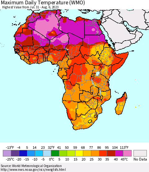 Africa Maximum Daily Temperature (WMO) Thematic Map For 7/31/2023 - 8/6/2023