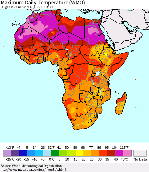 Africa Maximum Daily Temperature (WMO) Thematic Map For 8/7/2023 - 8/13/2023