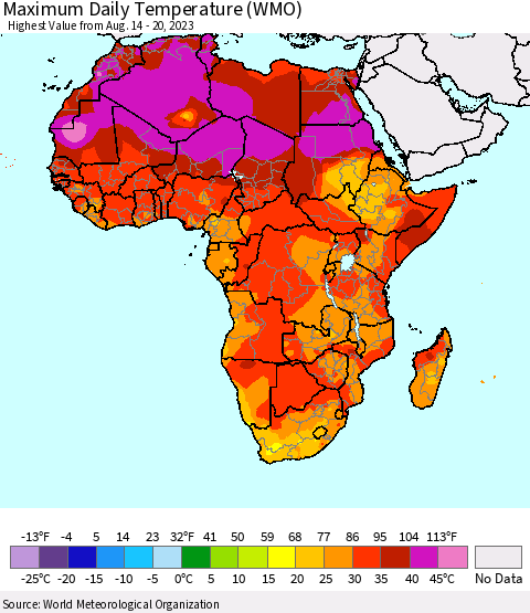 Africa Maximum Daily Temperature (WMO) Thematic Map For 8/14/2023 - 8/20/2023