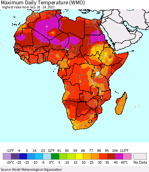 Africa Maximum Daily Temperature (WMO) Thematic Map For 9/18/2023 - 9/24/2023