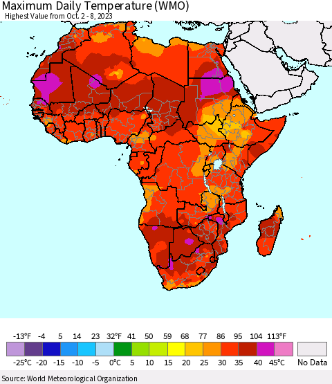 Africa Maximum Daily Temperature (WMO) Thematic Map For 10/2/2023 - 10/8/2023