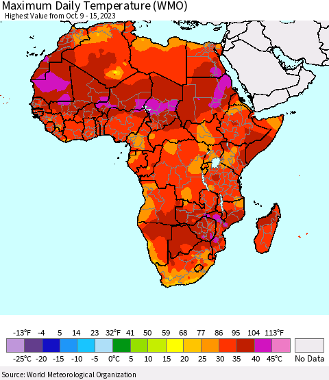 Africa Maximum Daily Temperature (WMO) Thematic Map For 10/9/2023 - 10/15/2023
