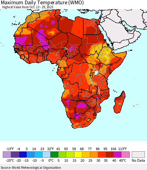 Africa Maximum Daily Temperature (WMO) Thematic Map For 10/23/2023 - 10/29/2023