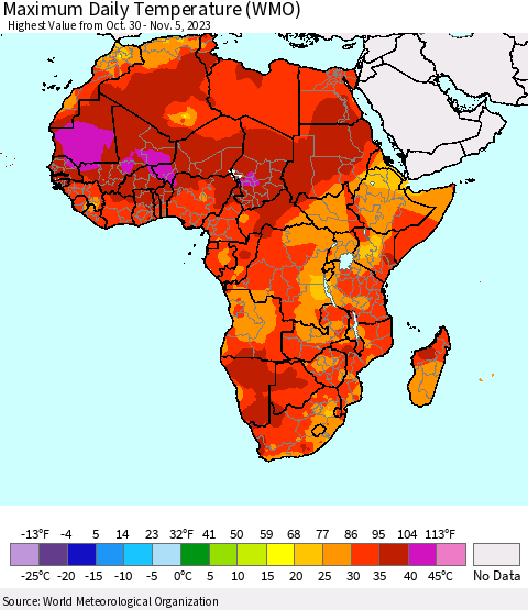 Africa Maximum Daily Temperature (WMO) Thematic Map For 10/30/2023 - 11/5/2023