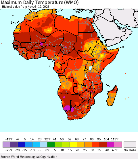 Africa Maximum Daily Temperature (WMO) Thematic Map For 11/6/2023 - 11/12/2023