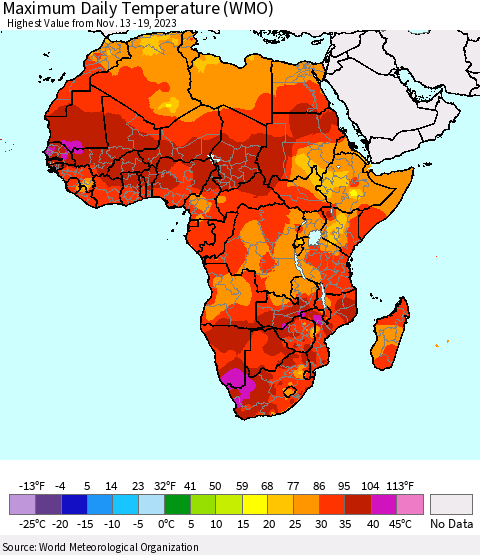 Africa Maximum Daily Temperature (WMO) Thematic Map For 11/13/2023 - 11/19/2023