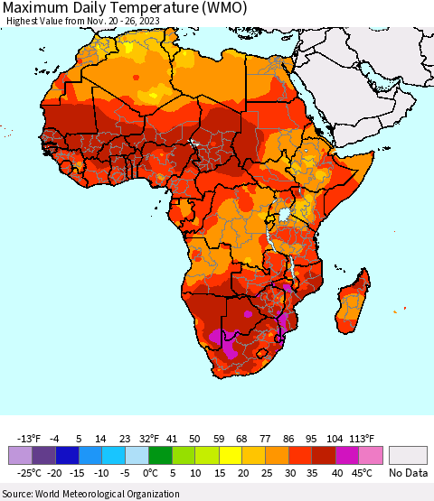 Africa Maximum Daily Temperature (WMO) Thematic Map For 11/20/2023 - 11/26/2023