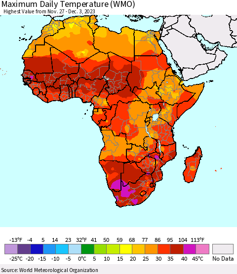 Africa Maximum Daily Temperature (WMO) Thematic Map For 11/27/2023 - 12/3/2023