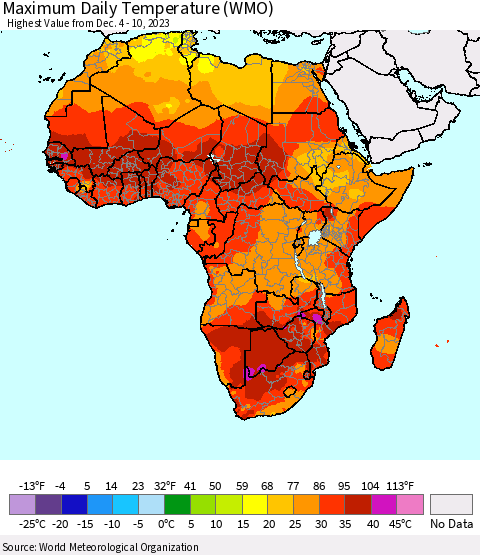Africa Maximum Daily Temperature (WMO) Thematic Map For 12/4/2023 - 12/10/2023