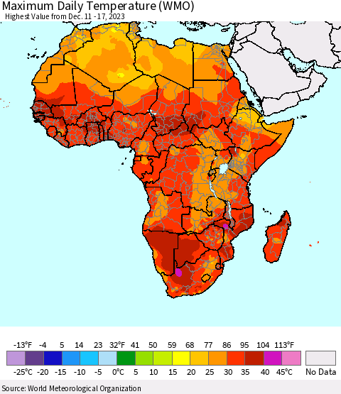 Africa Maximum Daily Temperature (WMO) Thematic Map For 12/11/2023 - 12/17/2023