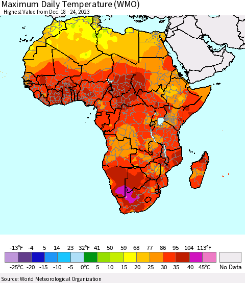 Africa Maximum Daily Temperature (WMO) Thematic Map For 12/18/2023 - 12/24/2023