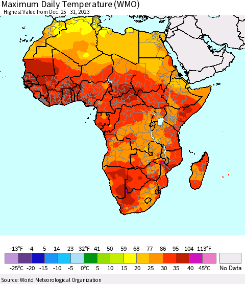 Africa Maximum Daily Temperature (WMO) Thematic Map For 12/25/2023 - 12/31/2023